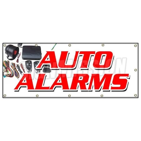 Signmission AUTO ALARMS BANNER SIGN installation power locks windows audio repairs B-120 Auto Alarms